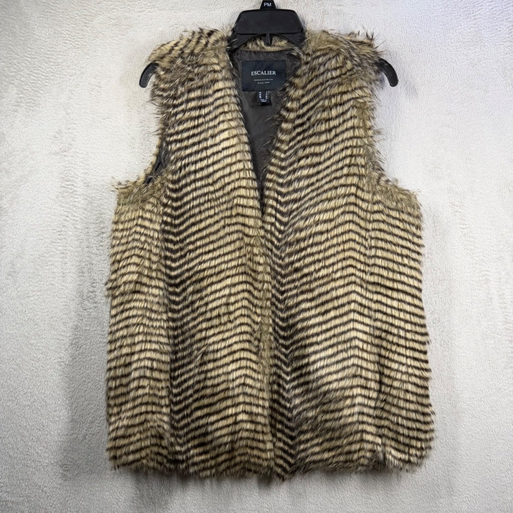 Escalier Faux Fur Vest Women 6 Brown Chevron Striped Sleeveless Glam Mob Wife